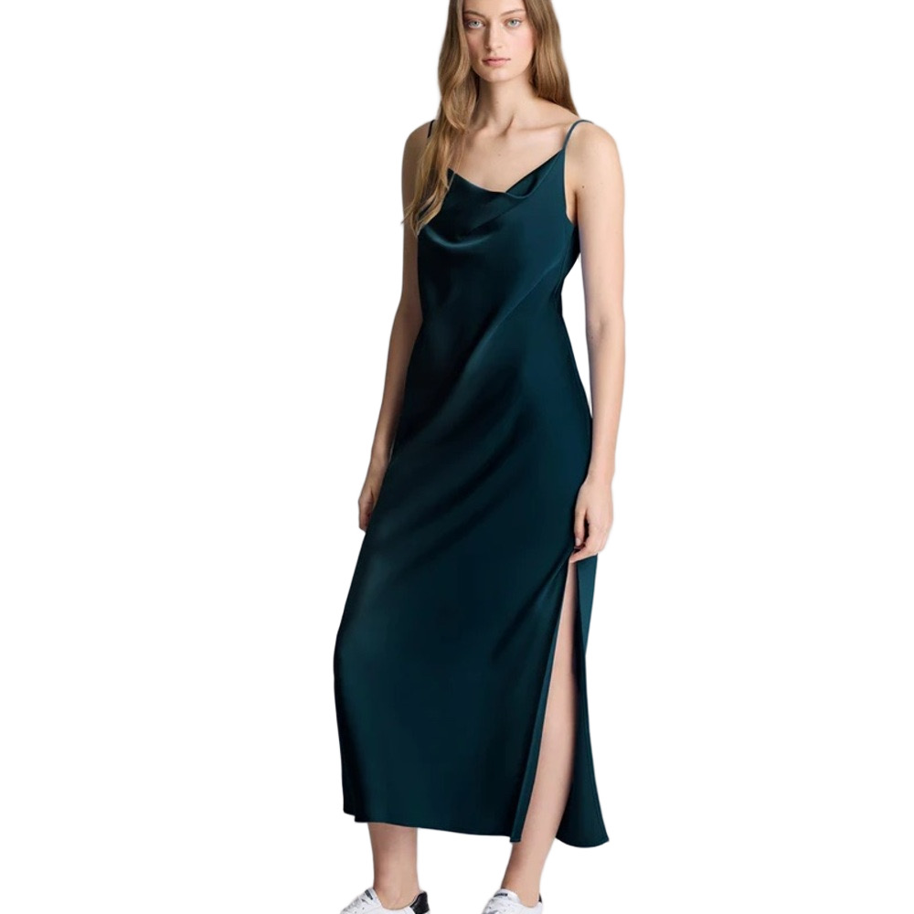 Kenneth Cole Cowl Neck Side Slit Navy Satin Dress Size Medium NWT